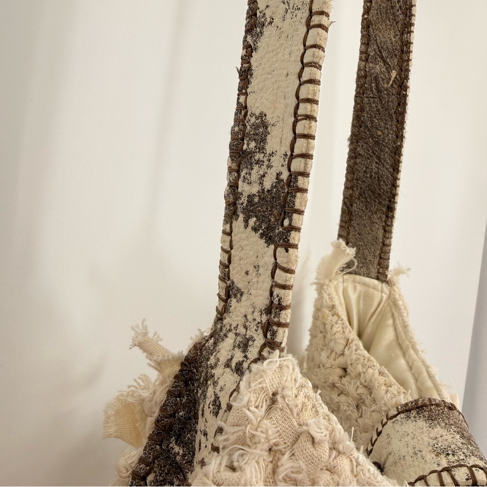 Handmade Boho Crochet Crossbody Bag Leather Trim‎ Satin Lined Neutral Rustic - Picture 5 of 15